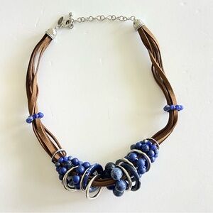 Chico's Brown Suede Leather Multi Strand Statement Necklace Blue Silver Beads